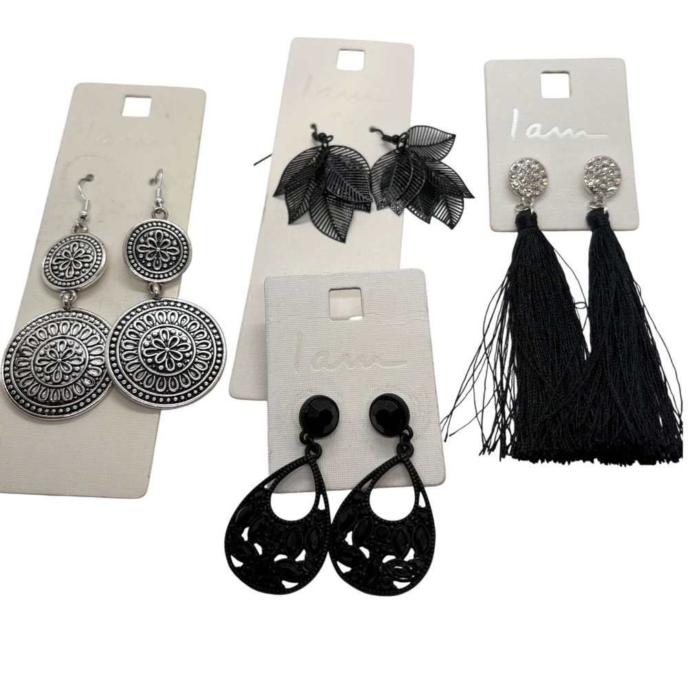 I Am Earring Lot 4 Pairs Silver Boho Medallion Black Tassel Leaf Filigree Drops